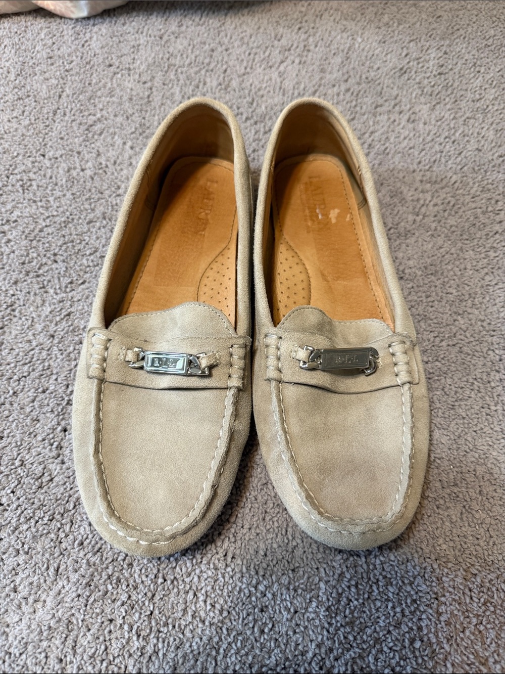 Lauren Ralph Lauren Taupe Suede Loafers with Silver Plaque
